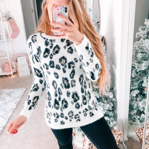Twilight Gypsy Collective Sweaters - White Leopard Print Soft Scoop Neck Sweater